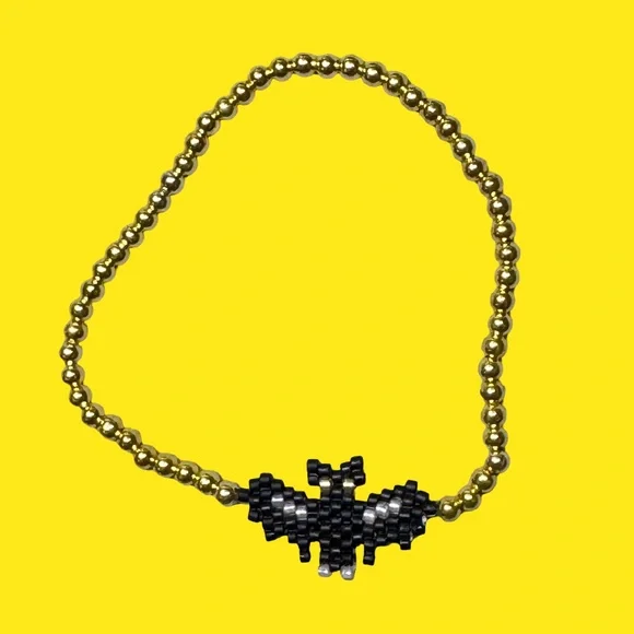 Handcrafted Black and Gold Beaded Bat Stretch Bracelet - Picture 2 of 5